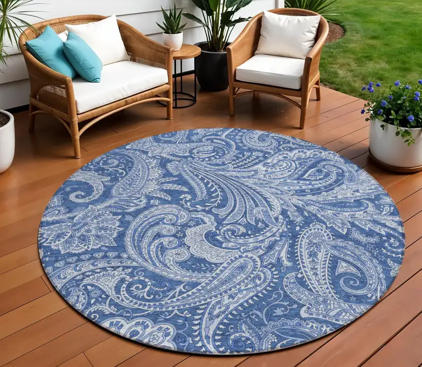 8' Navy Blue And Denim Blue Round Paisley Washable Indoor Outdoor Area Rug Photo 1