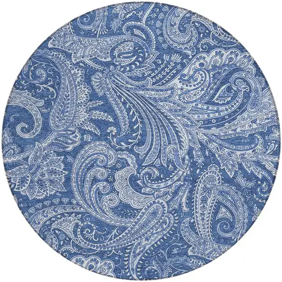 8' Navy Blue And Denim Blue Round Paisley Washable Indoor Outdoor Area Rug Photo 6