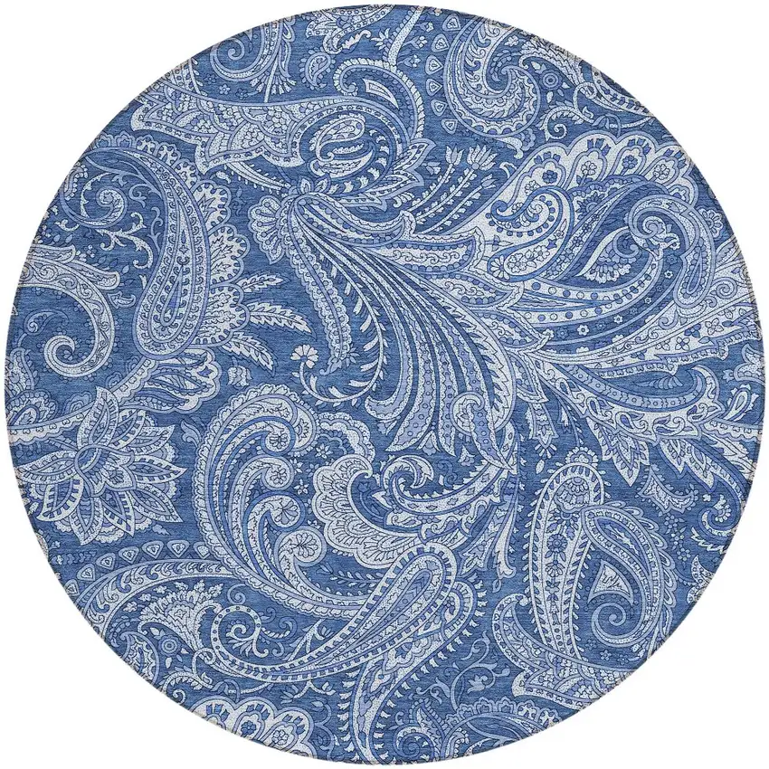 8' Navy Blue And Denim Blue Round Paisley Washable Indoor Outdoor Area Rug Photo 6