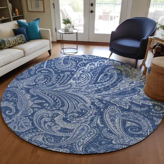 8' Navy Blue And Denim Blue Round Paisley Washable Indoor Outdoor Area Rug Photo 8
