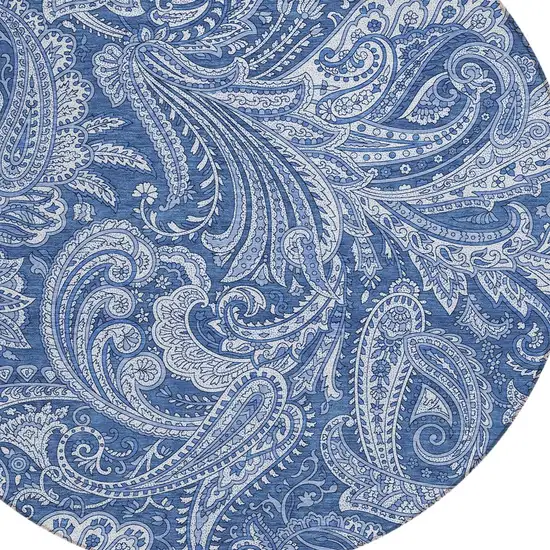 8' Navy Blue And Denim Blue Round Paisley Washable Indoor Outdoor Area Rug Photo 5