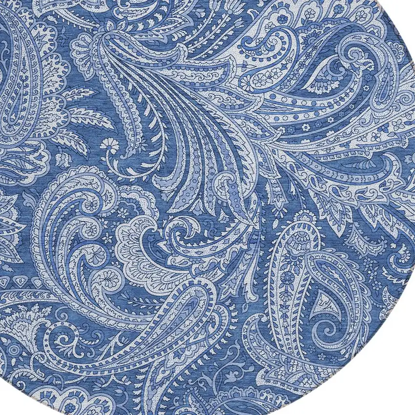 8' Navy Blue And Denim Blue Round Paisley Washable Indoor Outdoor Area Rug Photo 5