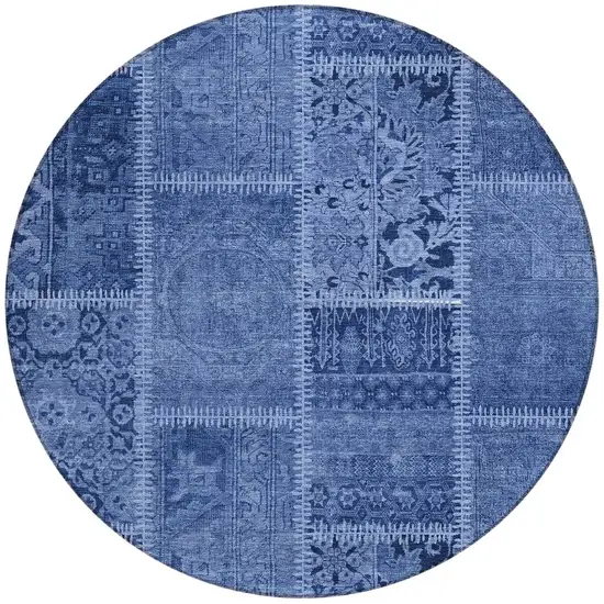 8' Navy Blue And Denim Blue Round Patchwork Washable Indoor Outdoor Area Rug Photo 4