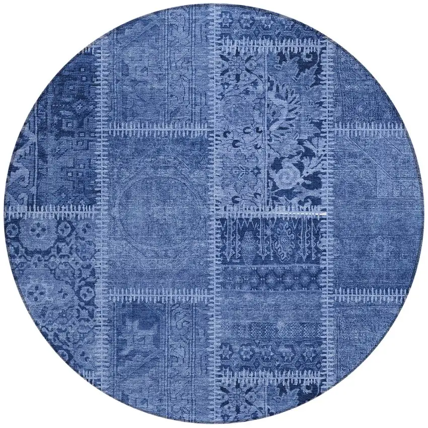 8' Navy Blue And Denim Blue Round Patchwork Washable Indoor Outdoor Area Rug Photo 4