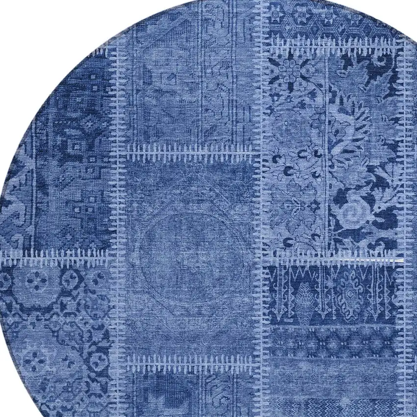 8' Navy Blue And Denim Blue Round Patchwork Washable Indoor Outdoor Area Rug Photo 3