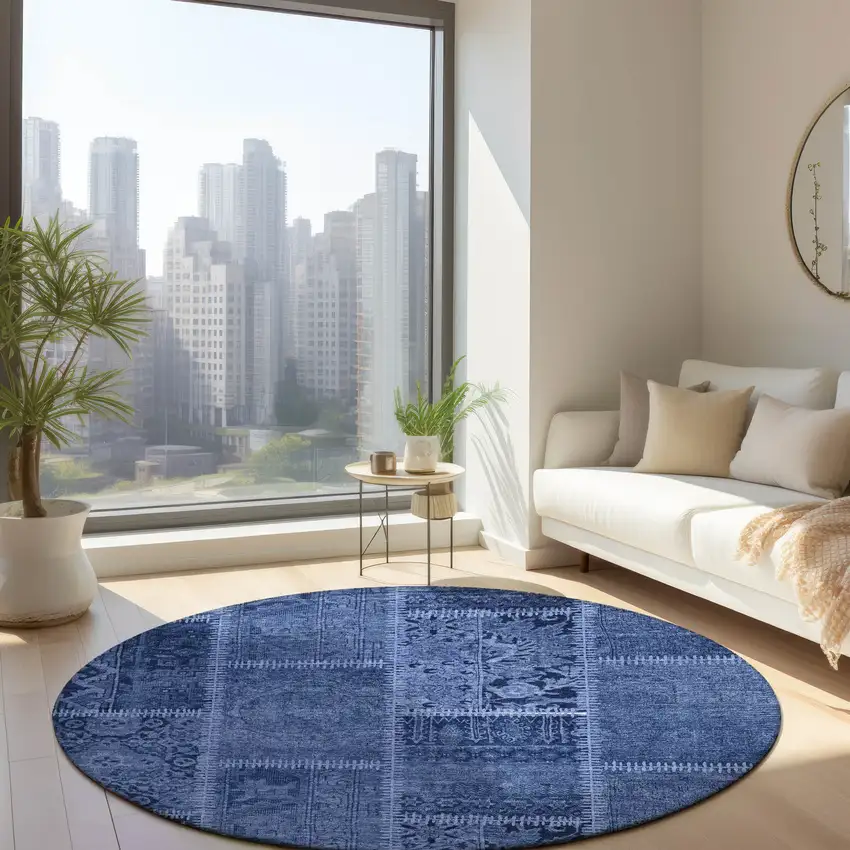 8' Navy Blue And Denim Blue Round Patchwork Washable Indoor Outdoor Area Rug Photo 6