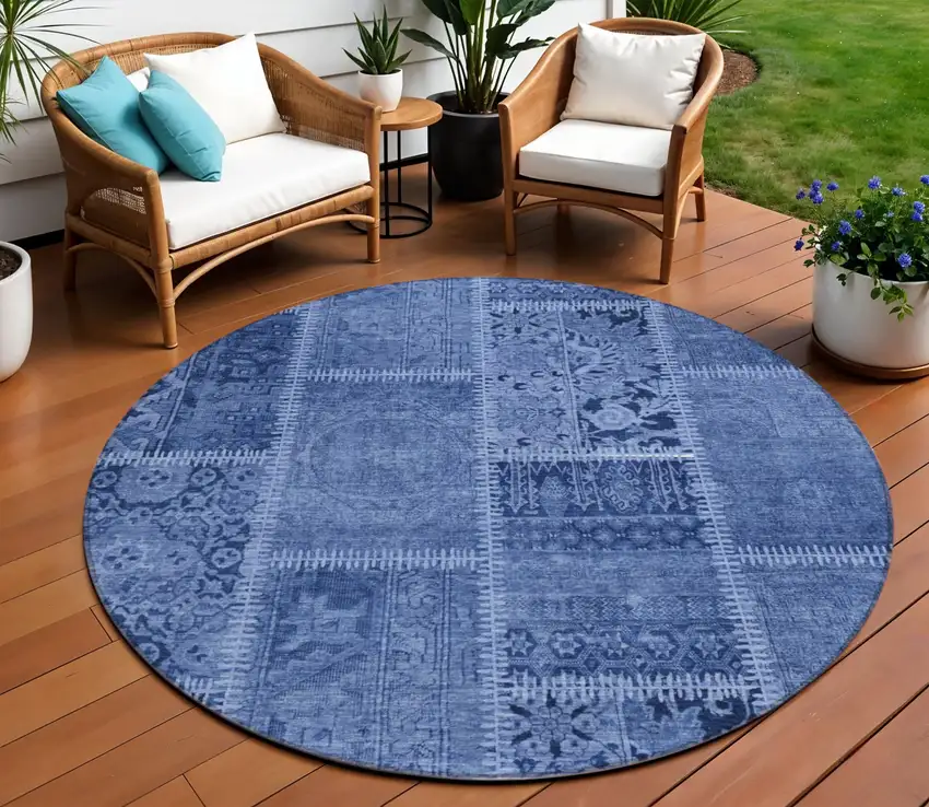 8' Navy Blue And Denim Blue Round Patchwork Washable Indoor Outdoor Area Rug Photo 1