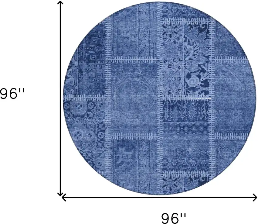 8' Navy Blue And Denim Blue Round Patchwork Washable Indoor Outdoor Area Rug Photo 7