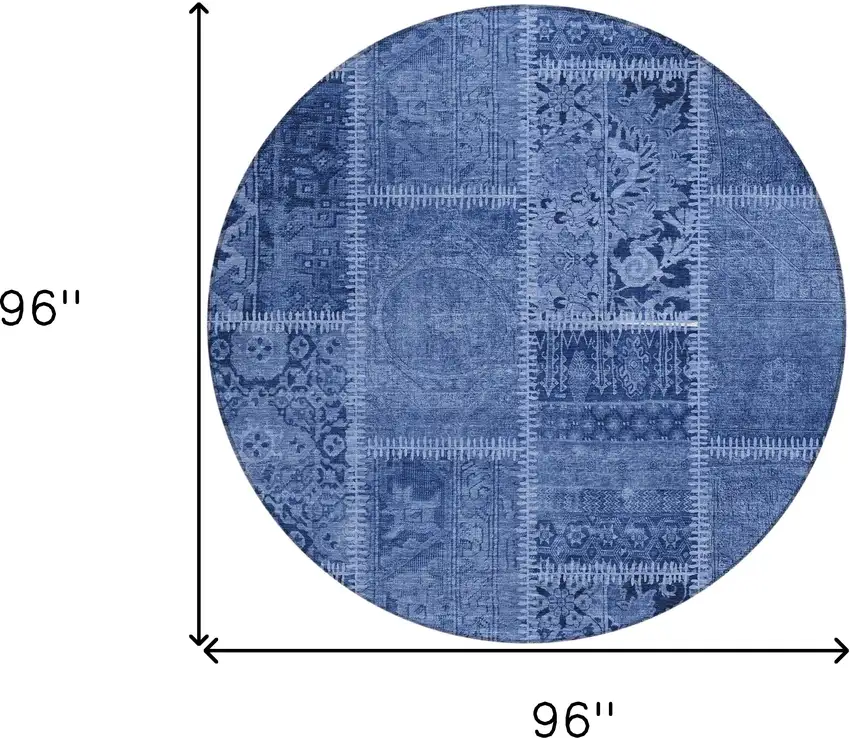 8' Navy Blue And Denim Blue Round Patchwork Washable Indoor Outdoor Area Rug Photo 7