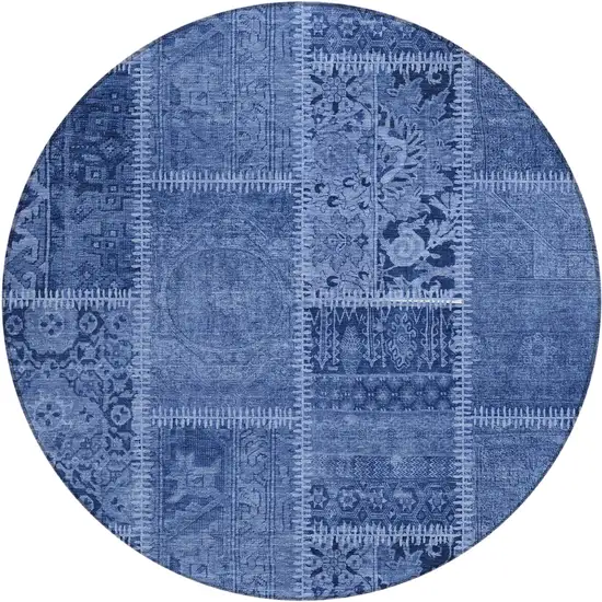 8' Navy Blue And Denim Blue Round Patchwork Washable Indoor Outdoor Area Rug Photo 1
