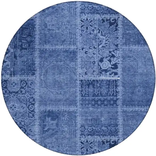 8' Navy Blue And Denim Blue Round Patchwork Washable Indoor Outdoor Area Rug Photo 1