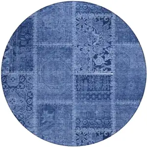 Photo of 8' Navy Blue And Denim Blue Round Patchwork Washable Indoor Outdoor Area Rug