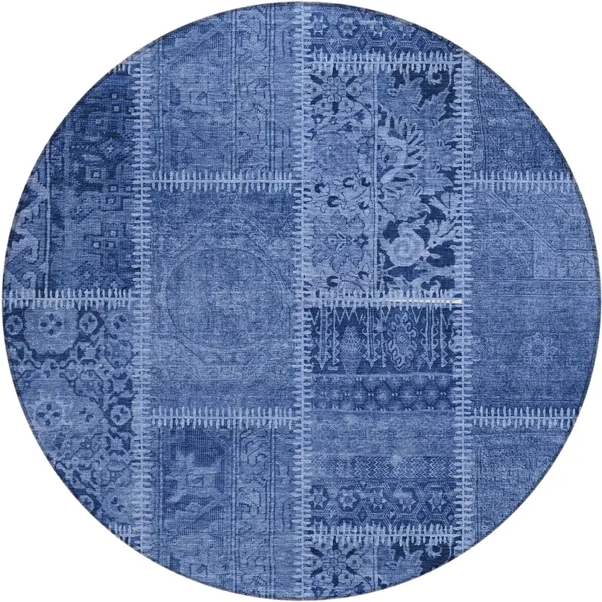 8' Navy Blue And Denim Blue Round Patchwork Washable Indoor Outdoor Area Rug Photo 1