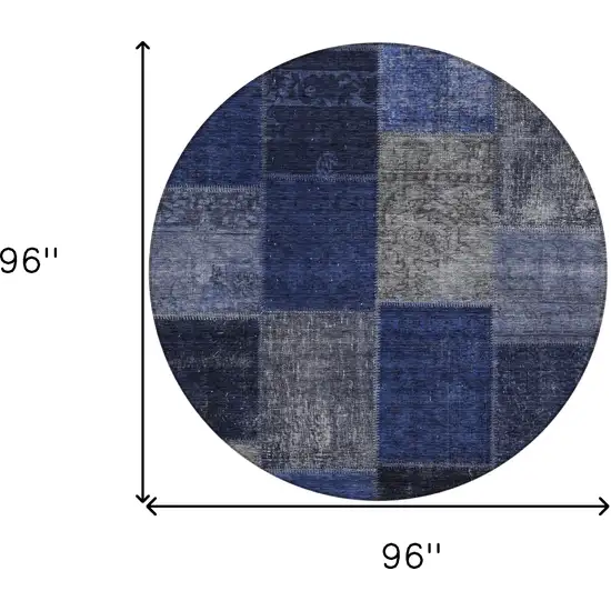 8' Navy Blue And Denim Blue Round Patchwork Washable Indoor Outdoor Area Rug Photo 3
