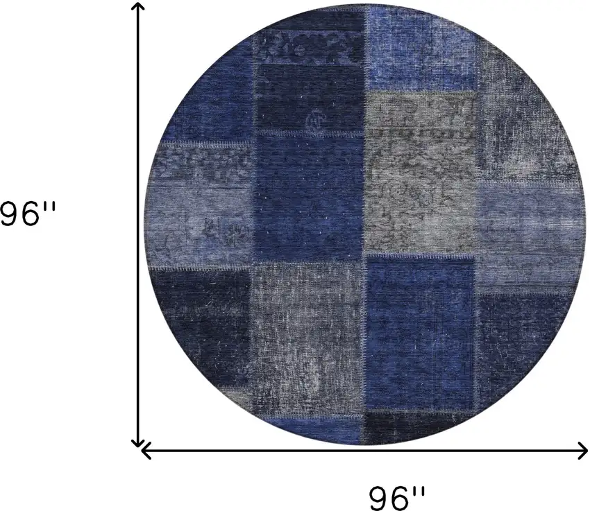 8' Navy Blue And Denim Blue Round Patchwork Washable Indoor Outdoor Area Rug Photo 3