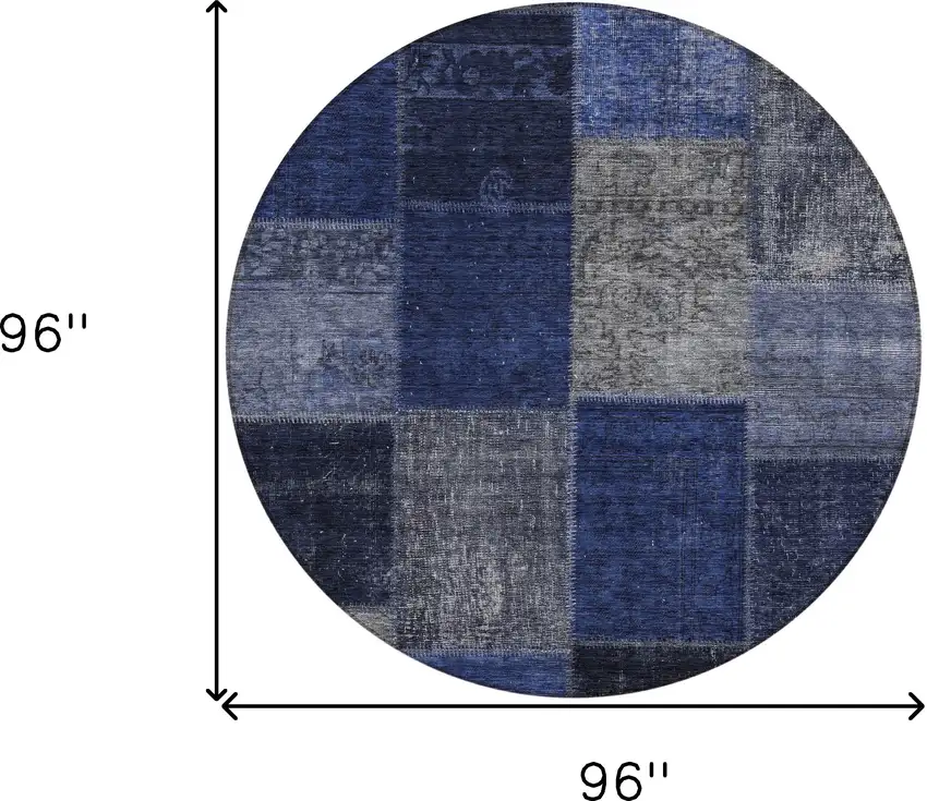 8' Navy Blue And Denim Blue Round Patchwork Washable Indoor Outdoor Area Rug Photo 3
