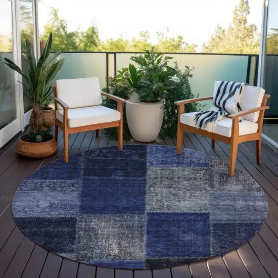 8' Navy Blue And Denim Blue Round Patchwork Washable Indoor Outdoor Area Rug Photo 6