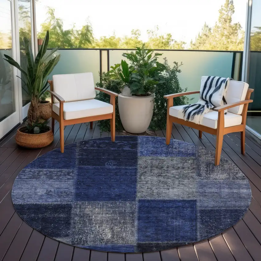 8' Navy Blue And Denim Blue Round Patchwork Washable Indoor Outdoor Area Rug Photo 6