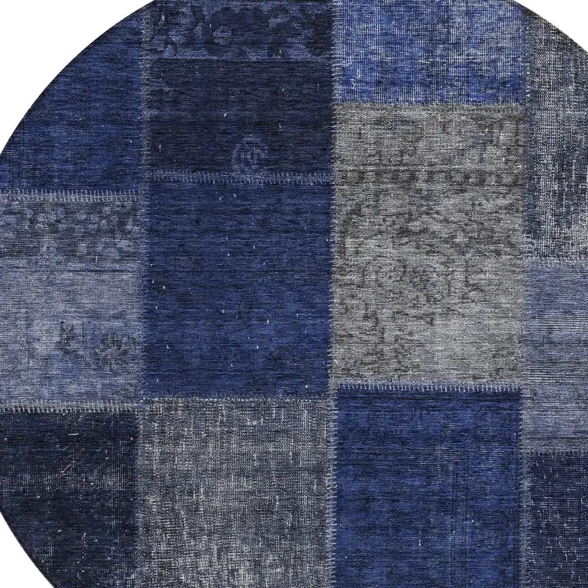 8' Navy Blue And Denim Blue Round Patchwork Washable Indoor Outdoor Area Rug Photo 4