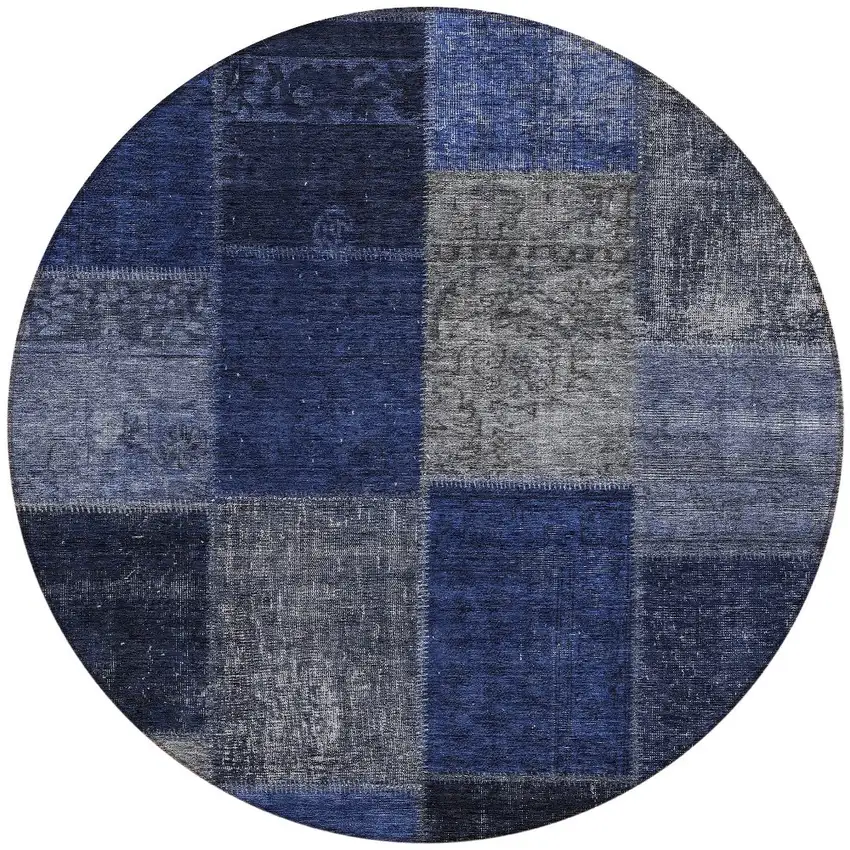 8' Navy Blue And Denim Blue Round Patchwork Washable Indoor Outdoor Area Rug Photo 5