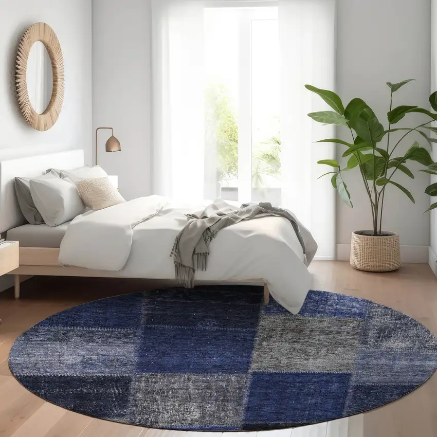 8' Navy Blue And Denim Blue Round Patchwork Washable Indoor Outdoor Area Rug Photo 7