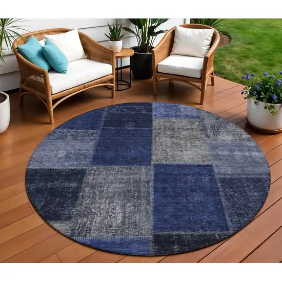 8' Navy Blue And Denim Blue Round Patchwork Washable Indoor Outdoor Area Rug Photo 1