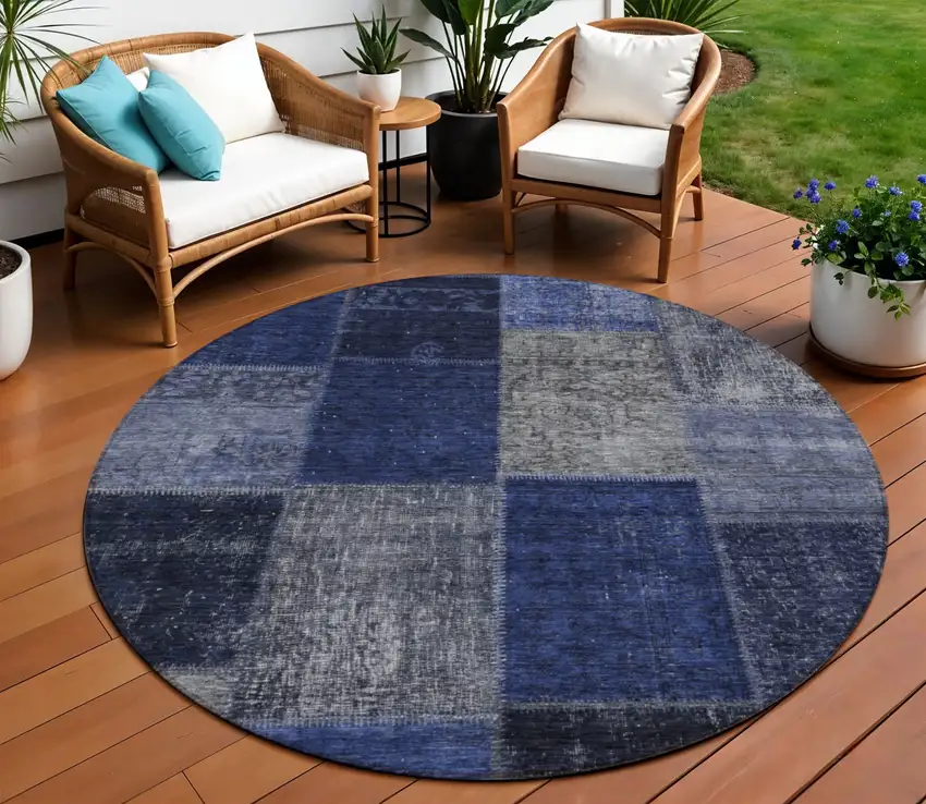 8' Navy Blue And Denim Blue Round Patchwork Washable Indoor Outdoor Area Rug Photo 1