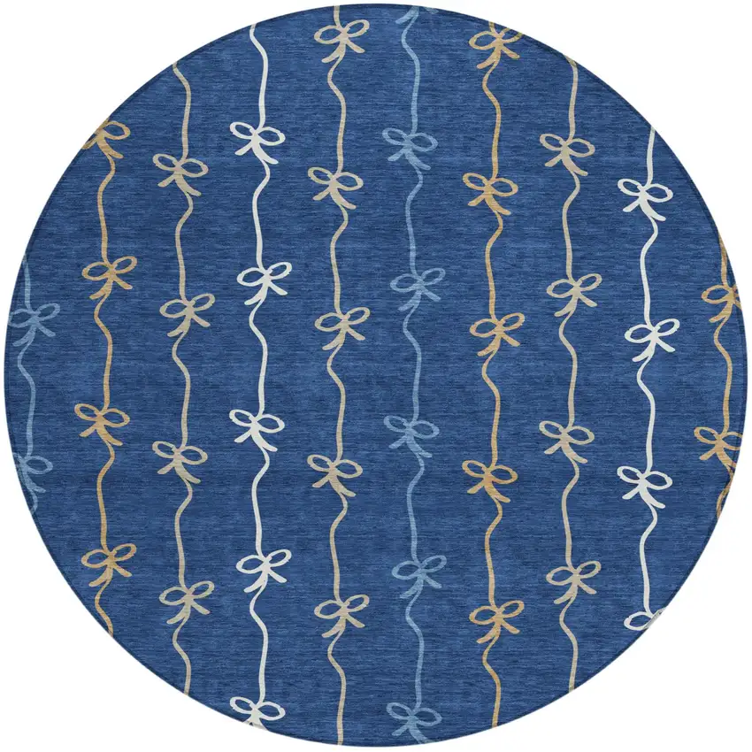 8' Navy Blue And Denim Blue Round Southwestern Washable Indoor Outdoor Area Rug Photo 1