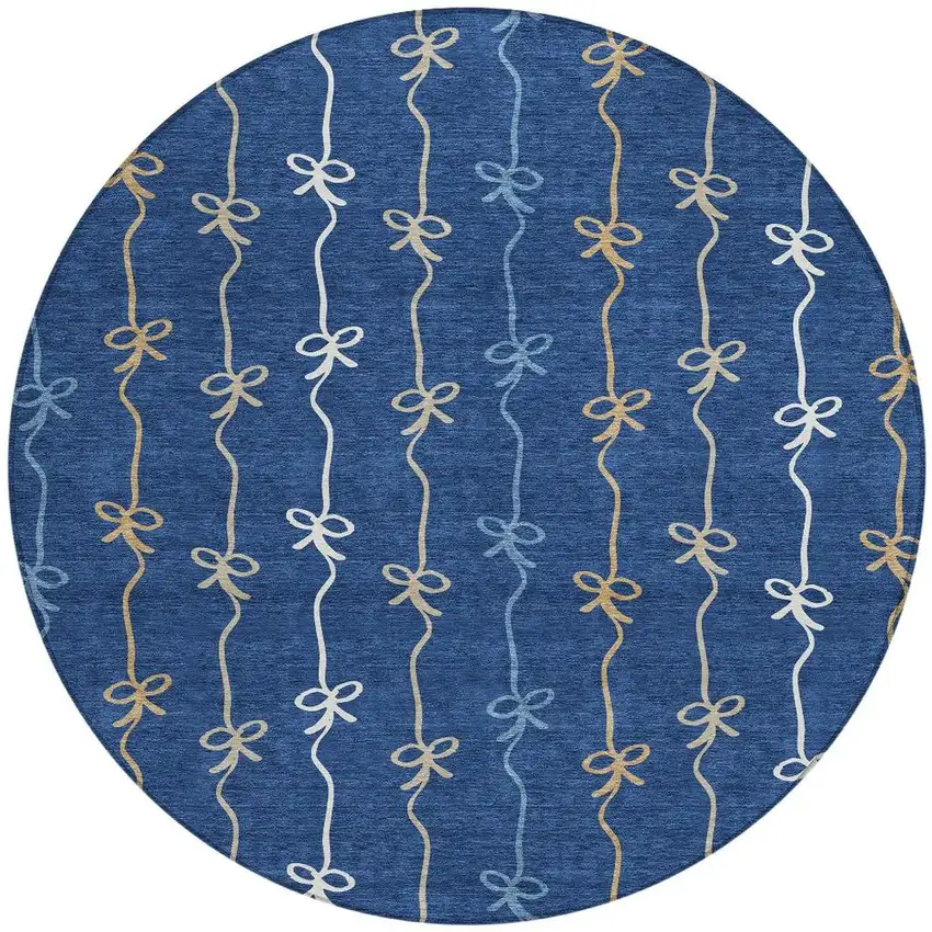 8' Navy Blue And Denim Blue Round Southwestern Washable Indoor Outdoor Area Rug Photo 3