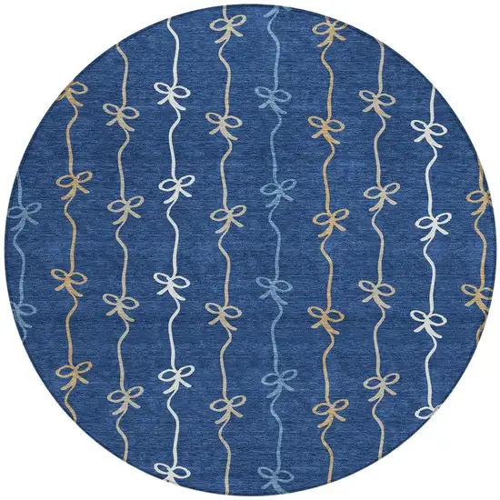 8' Navy Blue And Denim Blue Round Southwestern Washable Indoor Outdoor Area Rug Photo 3