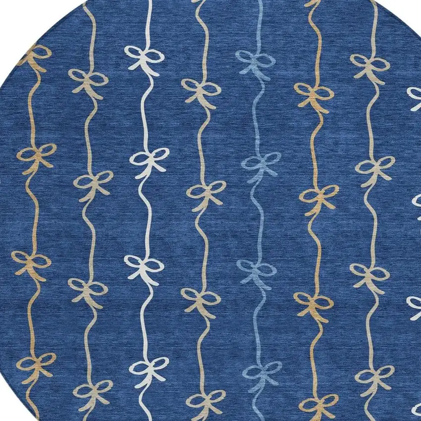 8' Navy Blue And Denim Blue Round Southwestern Washable Indoor Outdoor Area Rug Photo 2