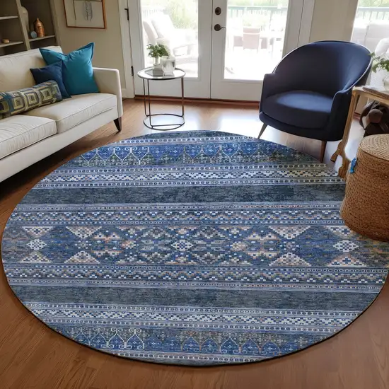 8' Navy Blue And Denim Blue Round Southwestern Washable Indoor Outdoor Area Rug Photo 8