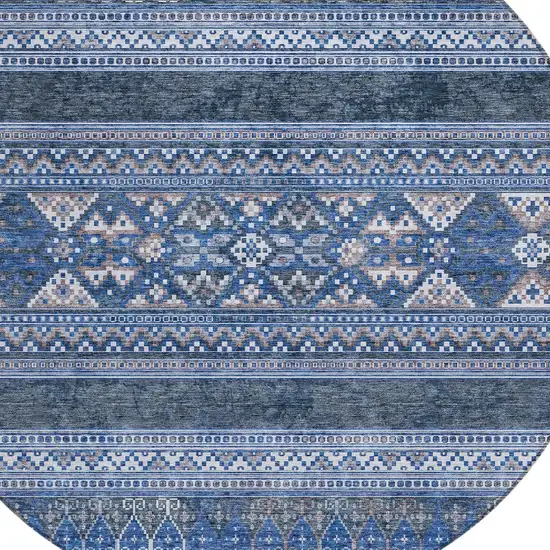 8' Navy Blue And Denim Blue Round Southwestern Washable Indoor Outdoor Area Rug Photo 5