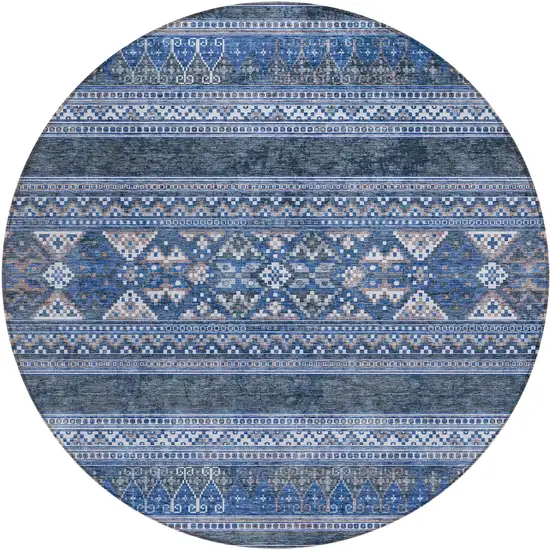 8' Navy Blue And Denim Blue Round Southwestern Washable Indoor Outdoor Area Rug Photo 1
