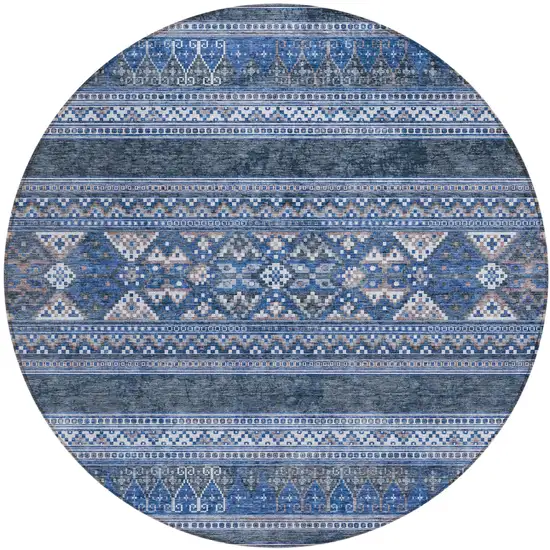 8' Navy Blue And Denim Blue Round Southwestern Washable Indoor Outdoor Area Rug Photo 1