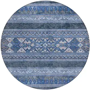 Photo of 8' Navy Blue And Denim Blue Round Southwestern Washable Indoor Outdoor Area Rug