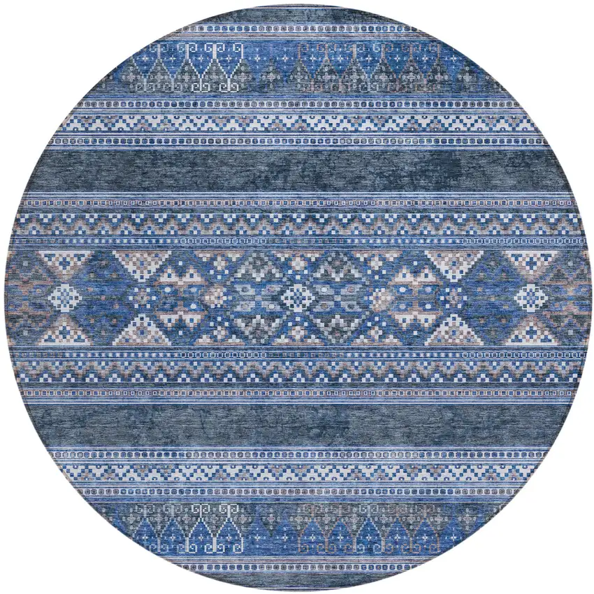 8' Navy Blue And Denim Blue Round Southwestern Washable Indoor Outdoor Area Rug Photo 1