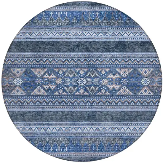 8' Navy Blue And Denim Blue Round Southwestern Washable Indoor Outdoor Area Rug Photo 6