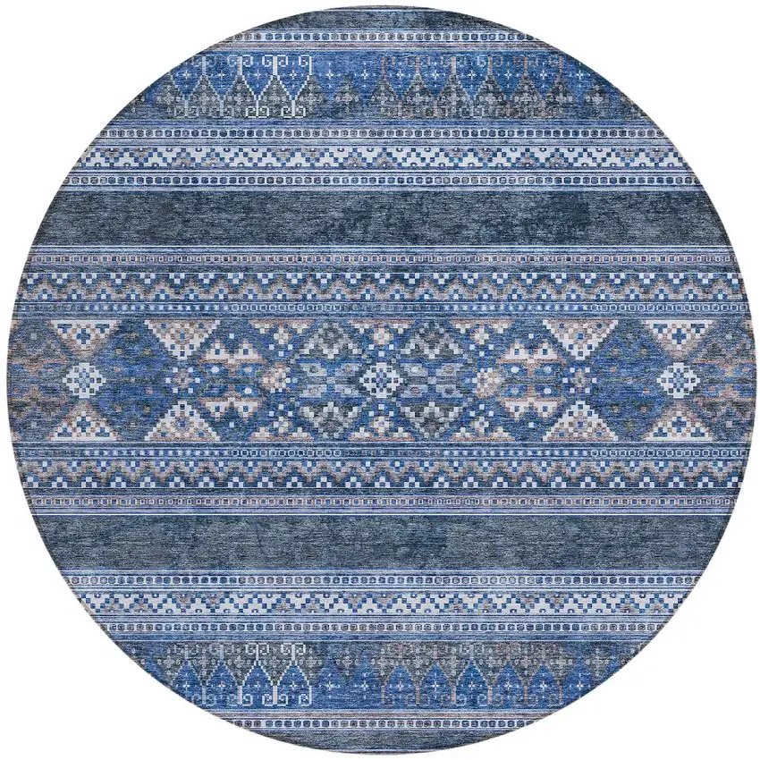 8' Navy Blue And Denim Blue Round Southwestern Washable Indoor Outdoor Area Rug Photo 6