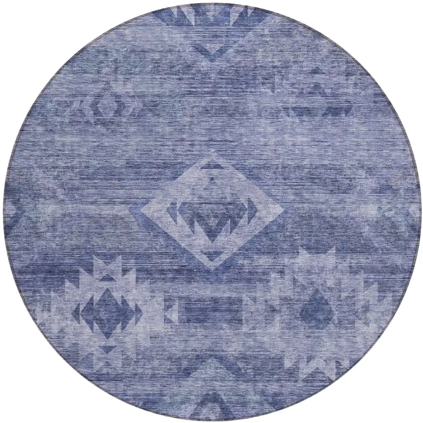 8' Navy Blue And Denim Blue Round Southwestern Washable Indoor Outdoor Area Rug Photo 2