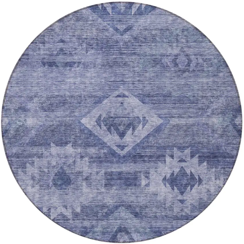 8' Navy Blue And Denim Blue Round Southwestern Washable Indoor Outdoor Area Rug Photo 5