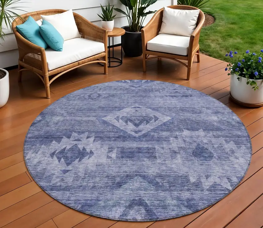 8' Navy Blue And Denim Blue Round Southwestern Washable Indoor Outdoor Area Rug Photo 1