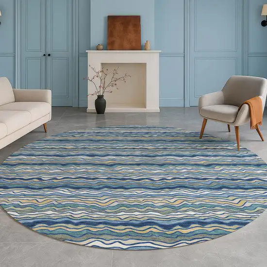 8' Navy Blue And Denim Blue Round Striped Washable Indoor Outdoor Area Rug Photo 5