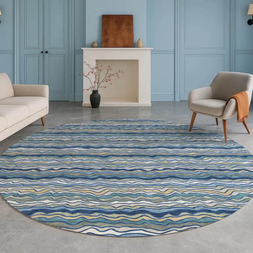 8' Navy Blue And Denim Blue Round Striped Washable Indoor Outdoor Area Rug Photo 5