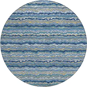 Photo of 8' Navy Blue And Denim Blue Round Striped Washable Indoor Outdoor Area Rug