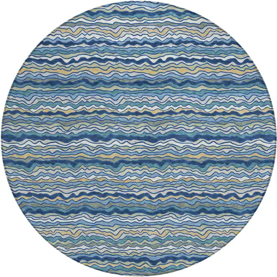 8' Navy Blue And Denim Blue Round Striped Washable Indoor Outdoor Area Rug Photo 1