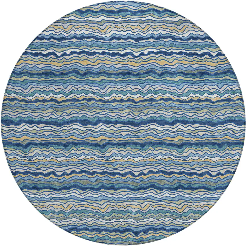 8' Navy Blue And Denim Blue Round Striped Washable Indoor Outdoor Area Rug Photo 1