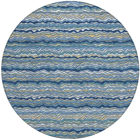 8' Navy Blue And Denim Blue Round Striped Washable Indoor Outdoor Area Rug Photo 3