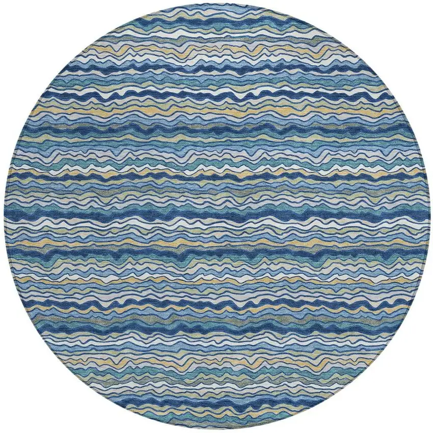 8' Navy Blue And Denim Blue Round Striped Washable Indoor Outdoor Area Rug Photo 3