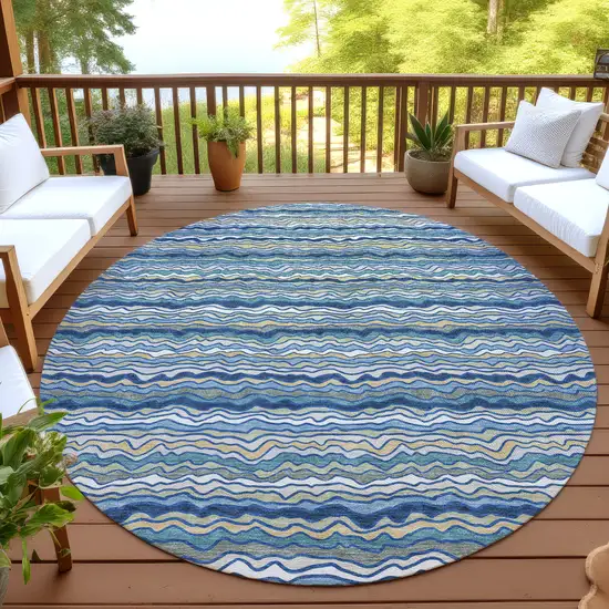 8' Navy Blue And Denim Blue Round Striped Washable Indoor Outdoor Area Rug Photo 4